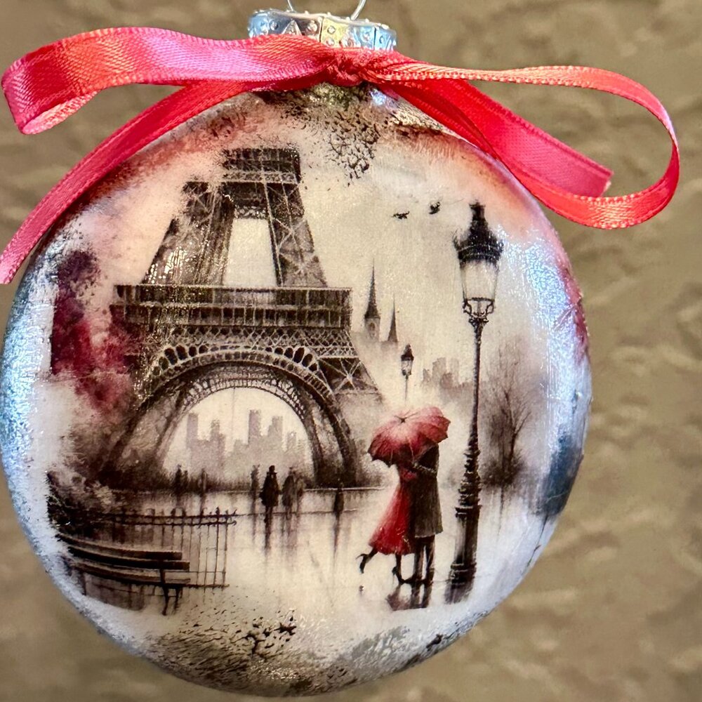 Hand-Crafted Parisian Glass Ornament Eiffel Tower Black/White/Red Vintage Stamps